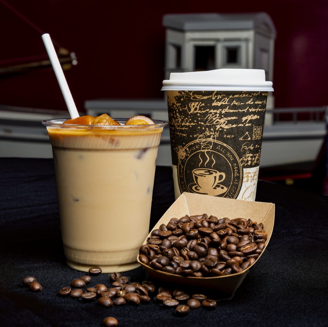 iced coffee and coffee beans