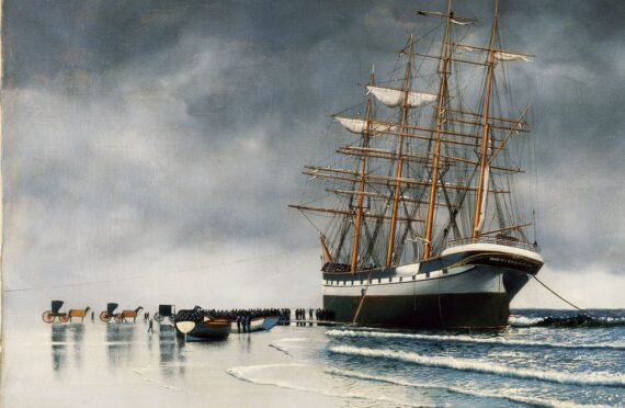 Painting of a sailboat run aground on the beach. Large crowd of people on the beach.