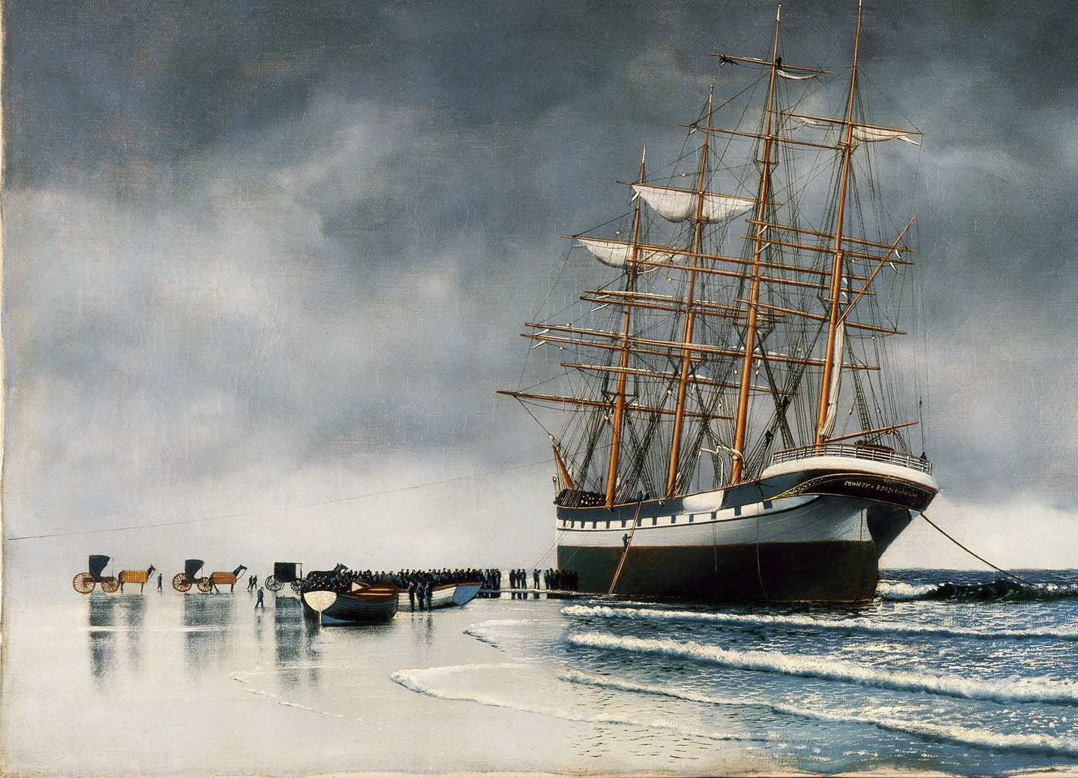 Painting of a sailboat run aground on the beach. Large crowd of people on the beach.