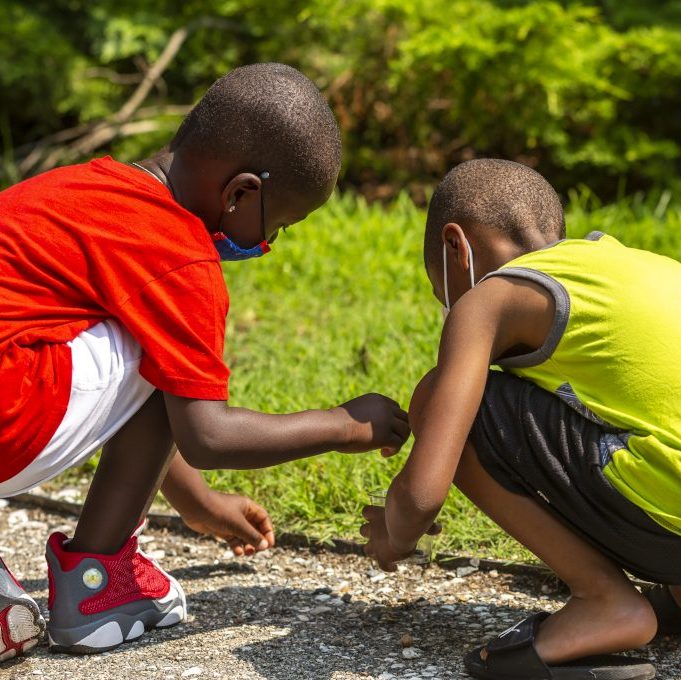 two children crouch down to look at something in the grass.