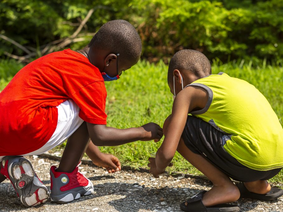 two children crouch down to look at something in the grass.