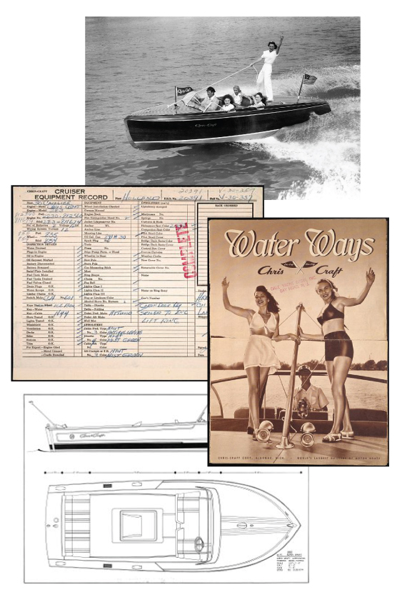 collage of images related to Chris-craft. Top image, men and women riding in a Chris-Craft boat. A woman is standing up on the back of the boat holding a rope connected to the bow of the boat. Middle left image is of a Chris-Craft hull card. Text in image reads "Cruiser Equipment Record" It shows rows and columns with text in them. Text is too small to read. Middle right image is sepia tone with two white woman in swim suits standing on the bow of a Chris Craft boat as a white male in a captains hat looks up at them smiling. Text on image reads "Water Ways, Chris Craft". Bottom image is plans of a chris craft boat.
