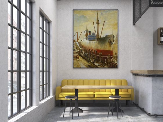 Close up of a yellow sofa in a cafe with small tables and a bar. Large vertical poster on a concrete wall. 3d rendering. Mock up.