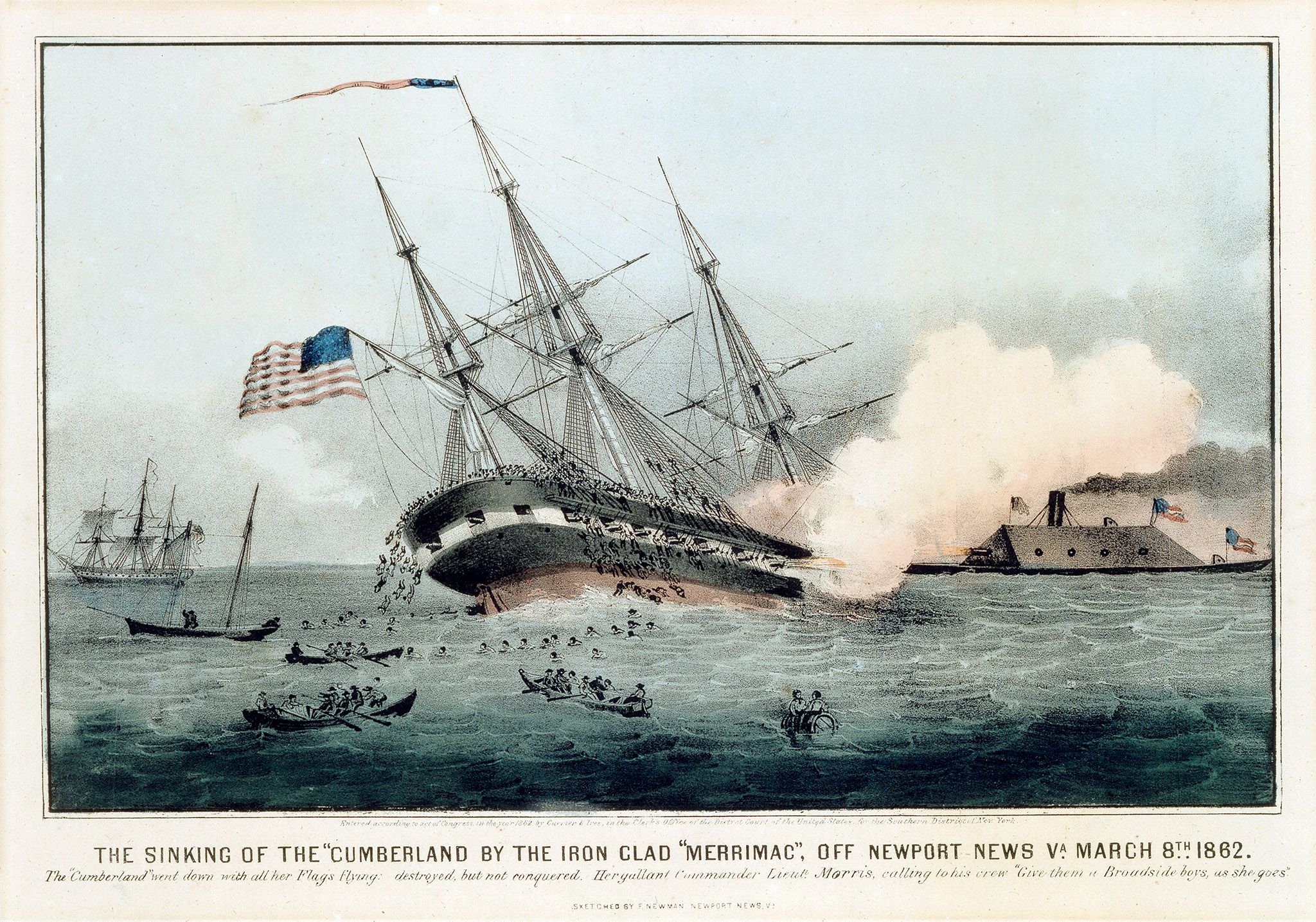 Sinking of USS Cumberland after being rammed by CSS Virginia. Hand-painted lithograph. Currier and Ives.