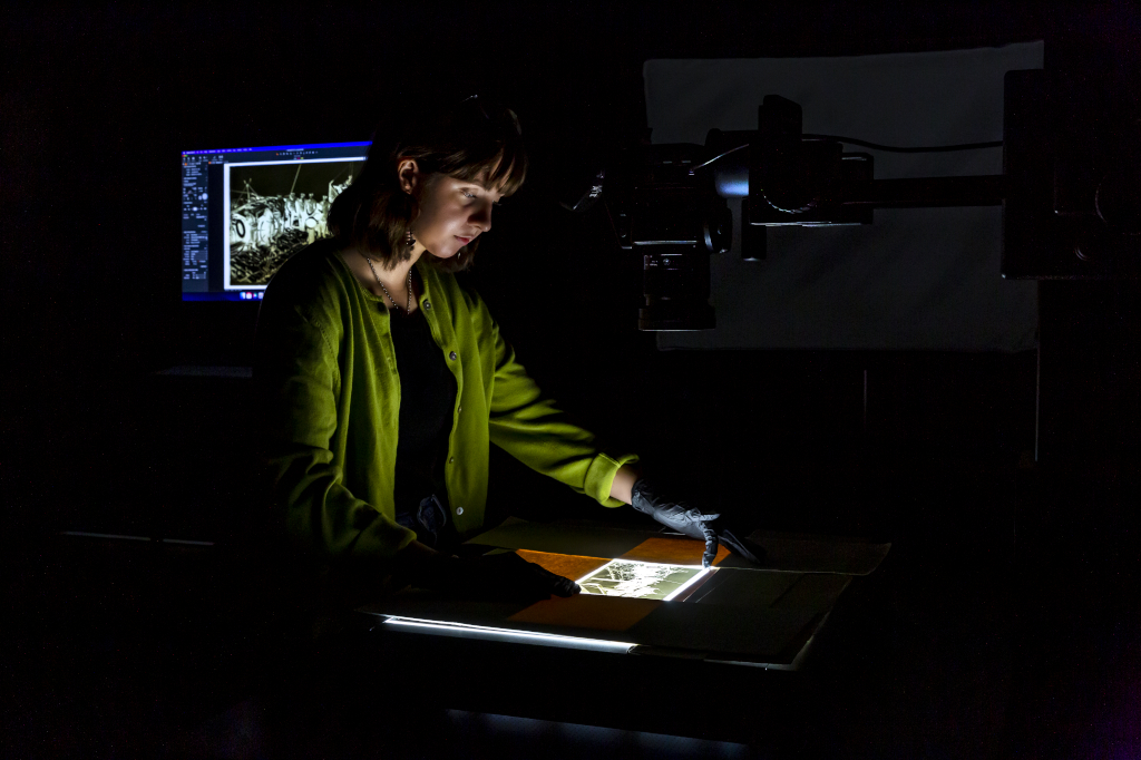 Digital Services intern Emily Ransone digitizing a glass plate negative.