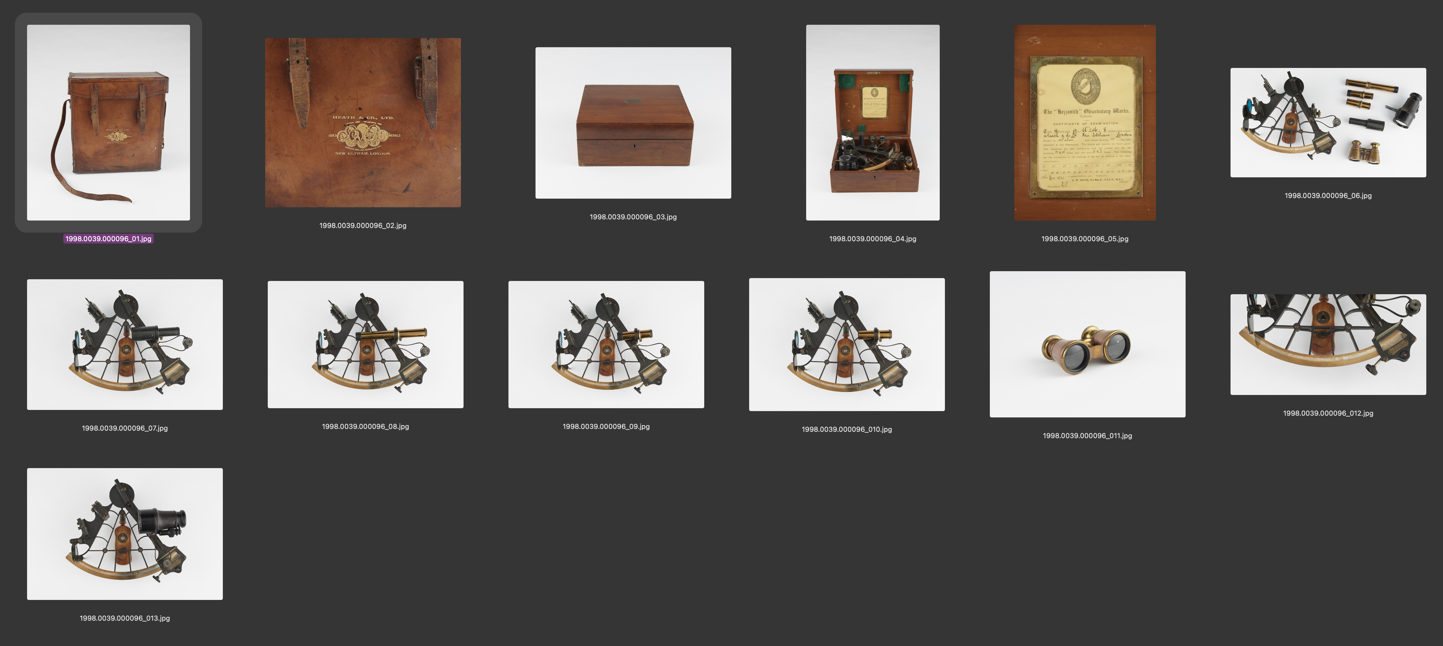 This screenshot shows how many images some instruments require to be thoroughly documented. Not only did we photograph the object with each attachment mounted, but we also photographed the leather case, details of inscriptions, the box, and any other notable components.