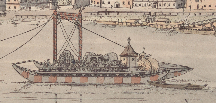 This close-up view of the ferry and its steering mechanism shows the bow angled away from the viewer while the rope tether is on the side of the boat closest to the viewer. This position allows the current to drive the ferry across the river.