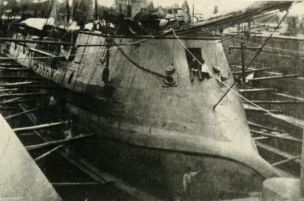 Bow ram of CSS Stonewall in drydock.