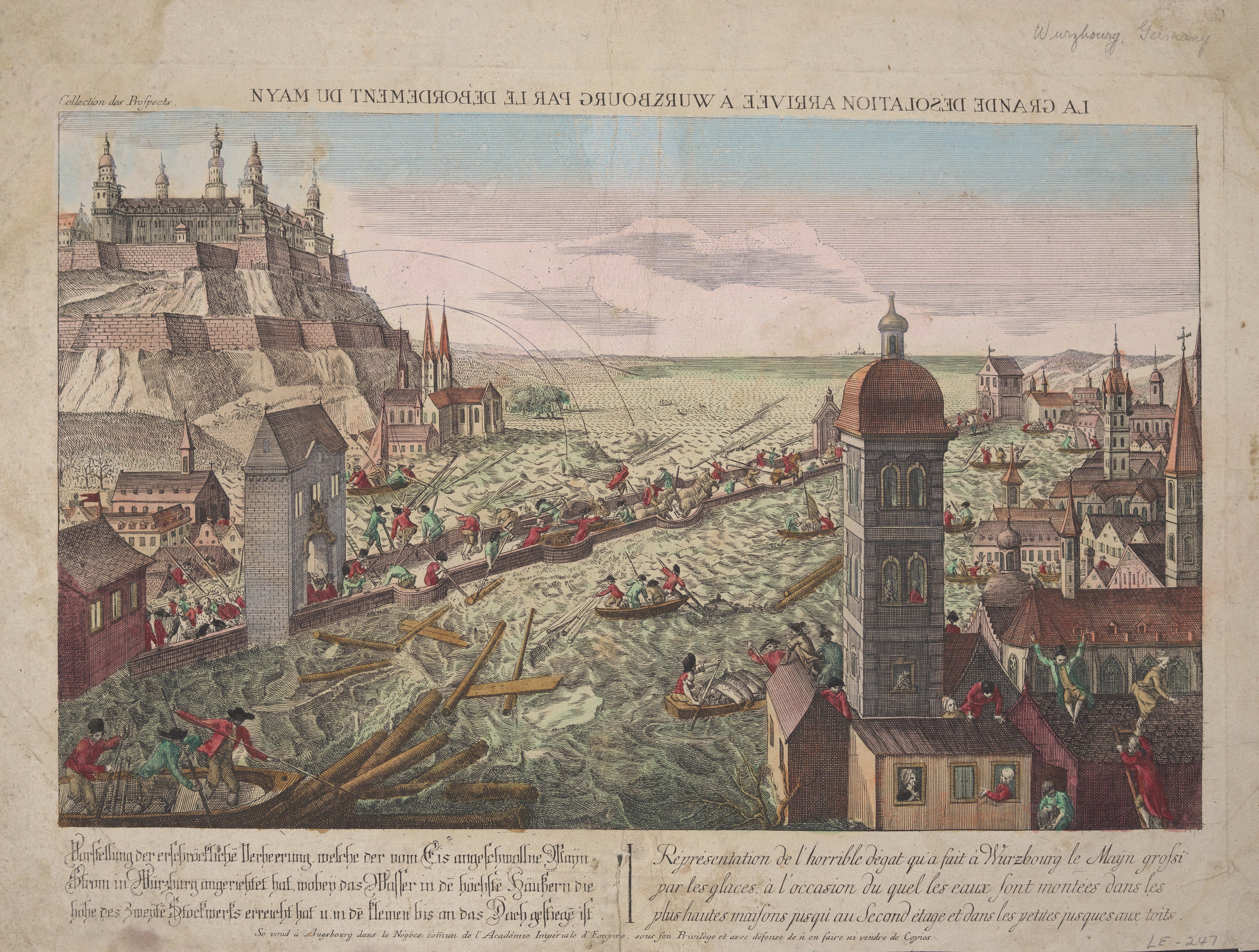 Vue optique attributed to Balthasar Frederic Leizelt titled La Grande Desolation Arrivee a Wurzbourg par Le Debordement du Mayn showing the February 1784 flooding of the Main River at Würzburg. Standing on the bridge at the lower left is prince-bishop Franz Ludwig Freiherr von Erthal, who visited the bridge daily to oversee the efforts being made to save the bridge.