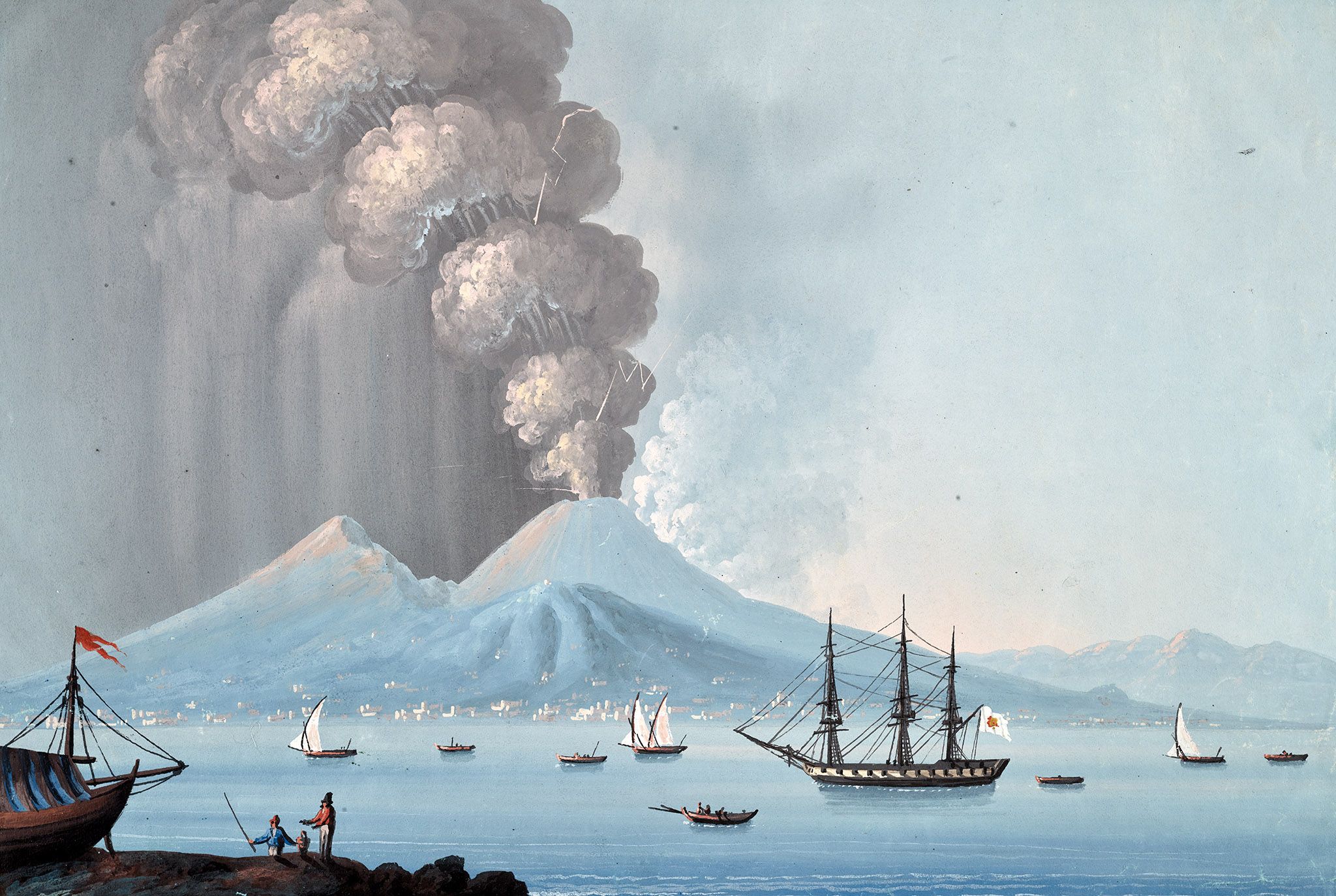 This tempera painting of the 1794 eruption of Mt. Vesuvius in Italy gives you some idea of what a volcano’s eruption column and the ensuing ash fallout look like.
