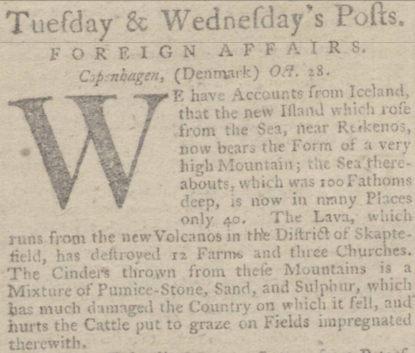 Article published in the December 15, 1783, Northampton Mercury describes some of the effects of the Laki eruption.