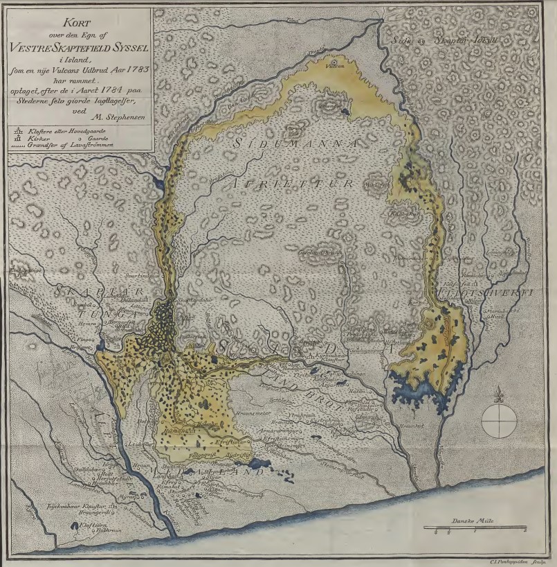 Map showing the extent of the lava flow from Laki fissure.