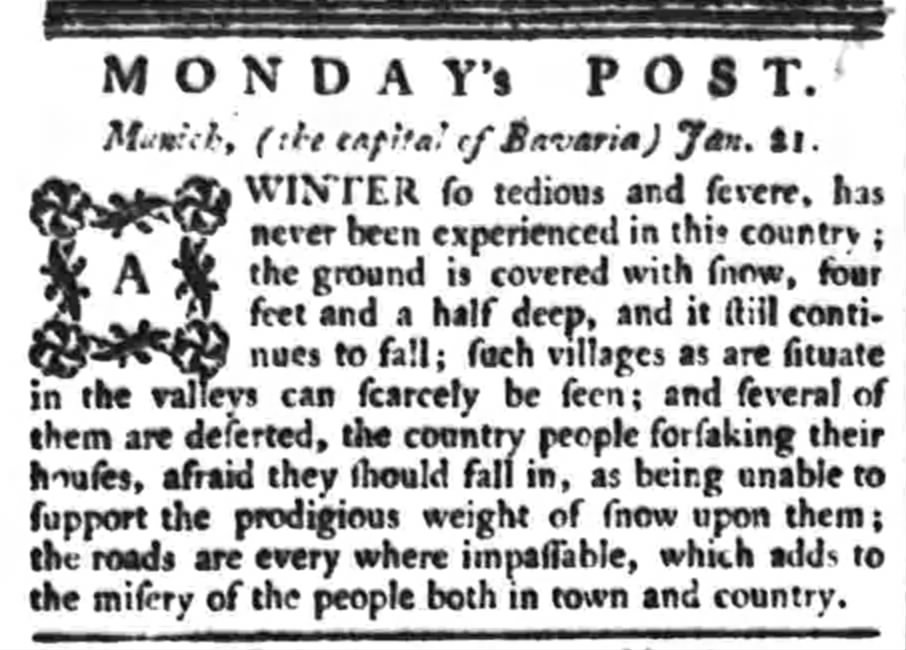 Article published in the March 25, 1784, Bath Chronicle describes the severe winter weather in Munich.