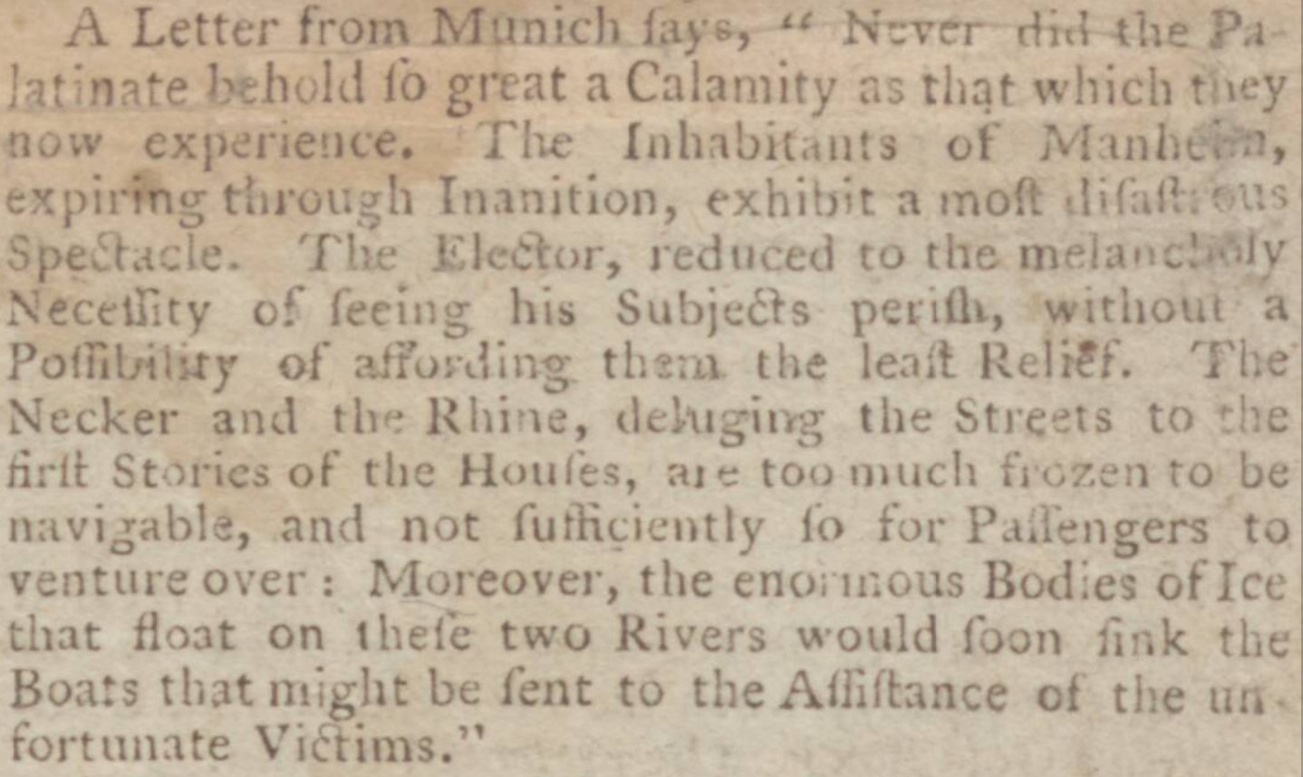 Article published in the March 1, 1784, Northampton Mercury describing flooding in Munich.