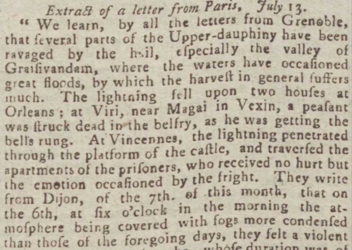 Article published in the July 25, 1783, Chelmsford Chronicle describes the horrible electrical storms occurring in parts of Europe.
