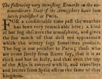 Article published in the July 1783 Gentleman’s Magazine describing the strange fog that had descended across much of Europe.