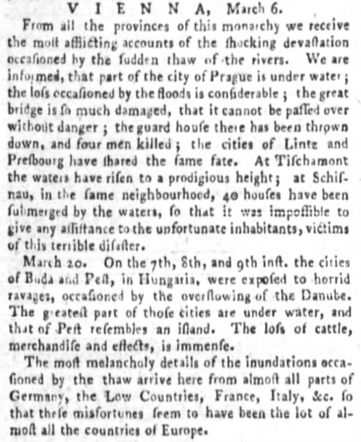 Article in the May 29, 1784, Independent Gazetteer describes the flooding in Vienna and other parts of Europe.