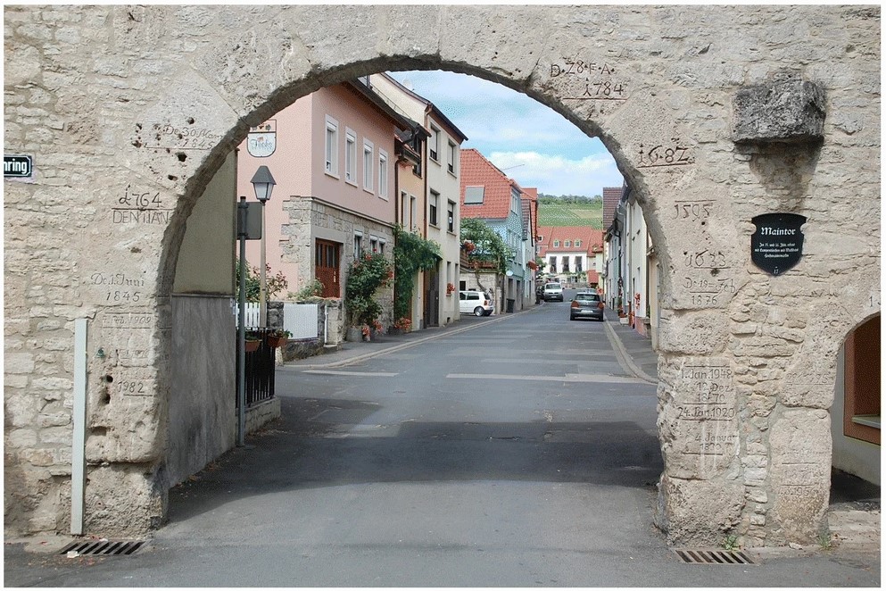 Flood marks chiseled into a bridge in the town of Eibelstadt, river Main, Germany. Photograph by P. Migoń. Figure 5 from Natural Disasters, Geotourism, and Geo-interpretation.