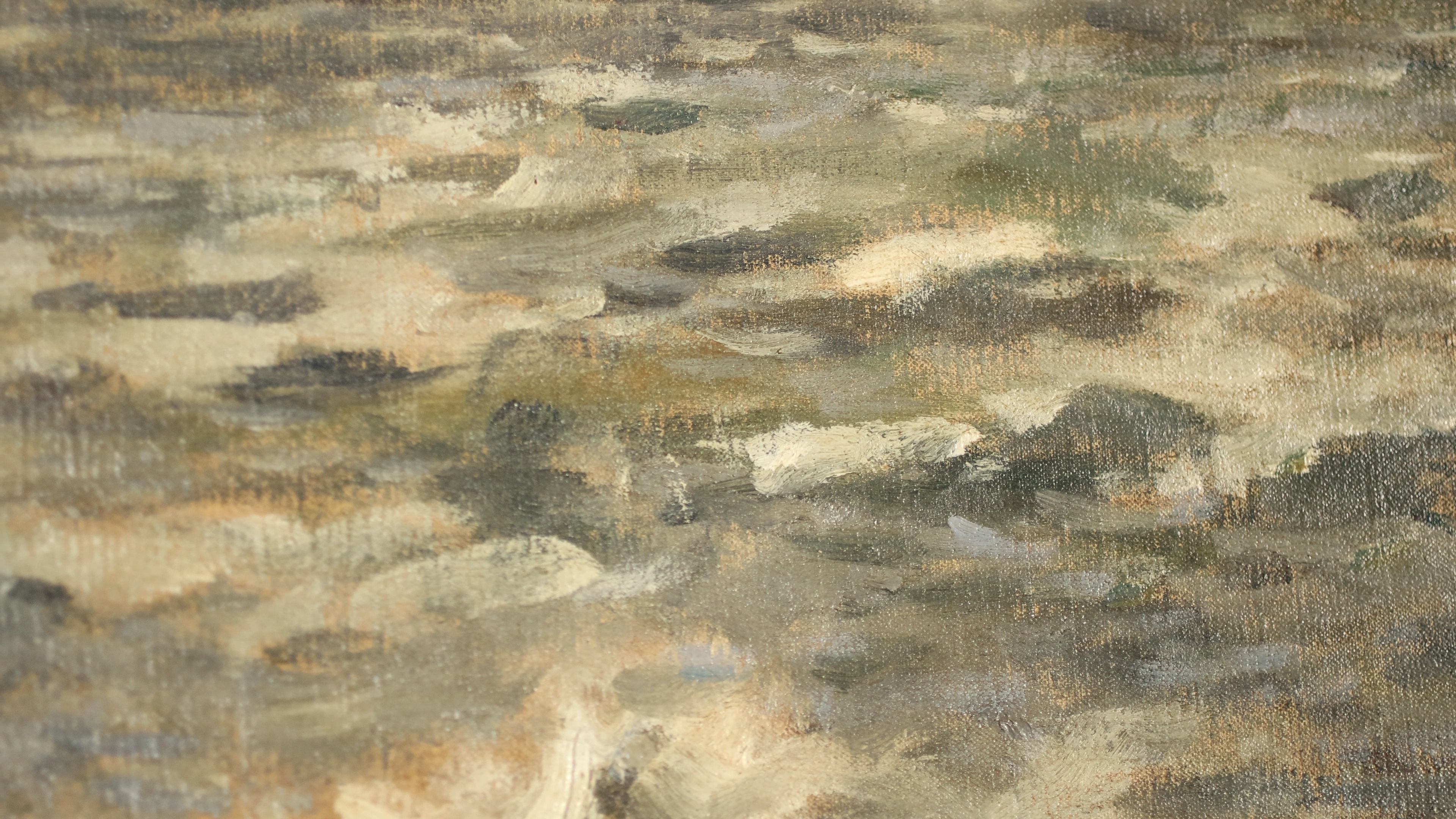 Detail of the water in the painting. Hitchcock has left some of the underpainting exposed and utilized a wide range of creamy whites, muted blues, greens, and even hints of purple to create the extremely effective feel of choppy waves in a harbor.