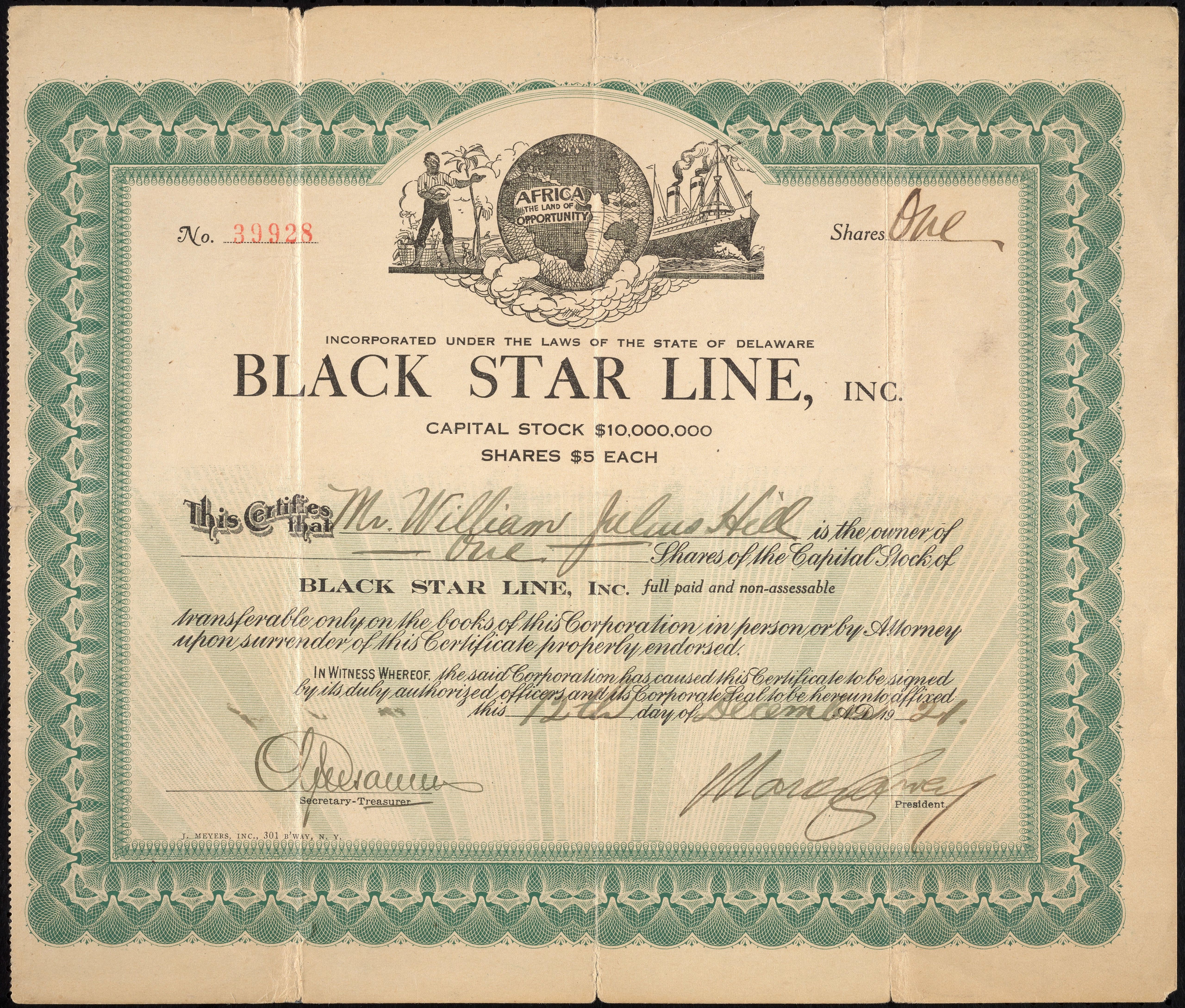 A five-dollar share in Marcus Garvey’s Black Star Line.