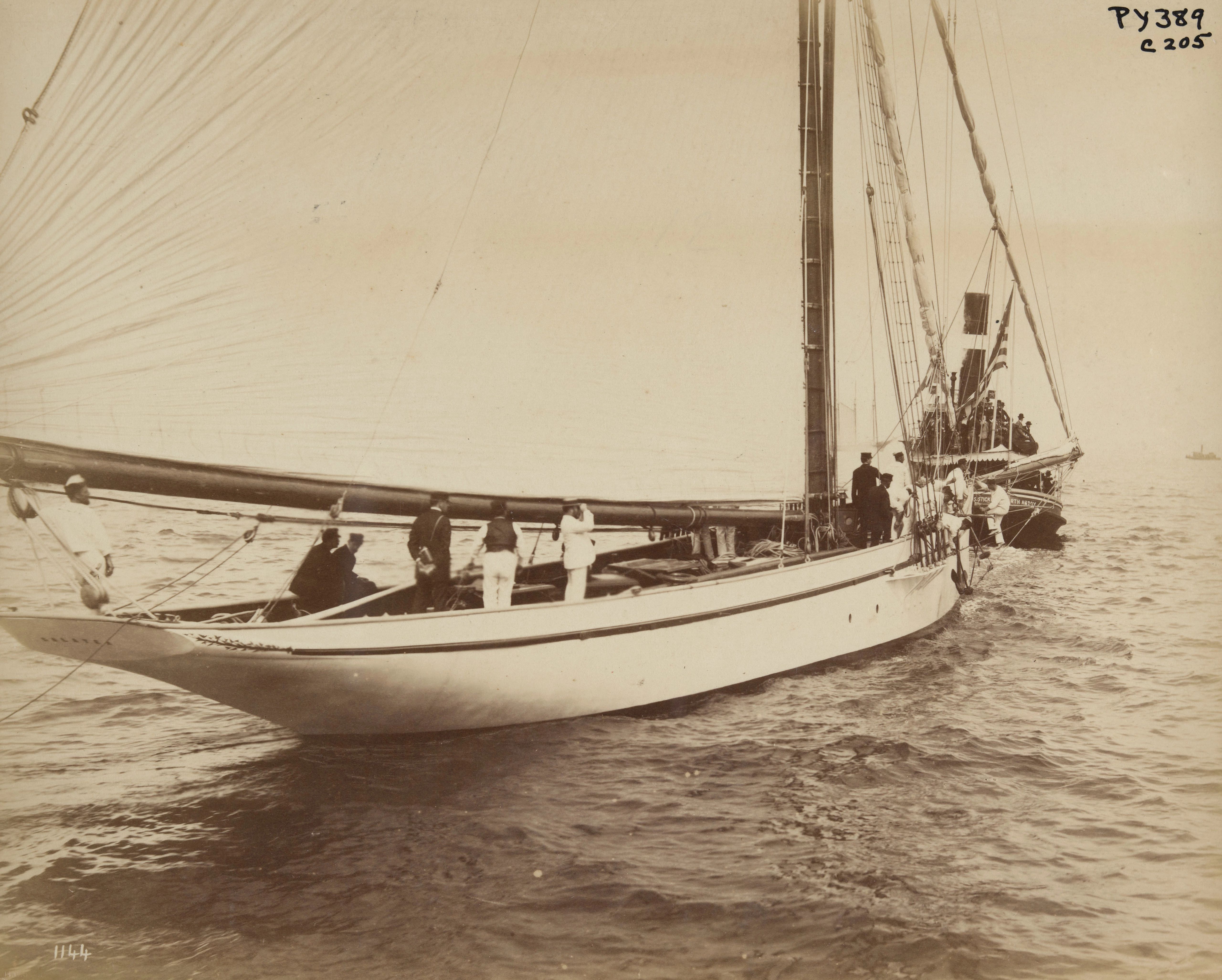 This image of Galatea shows the white hull of the yacht on the day of the first 1886, America’s Cup Race. Galatea, first race for the America’s Cup.