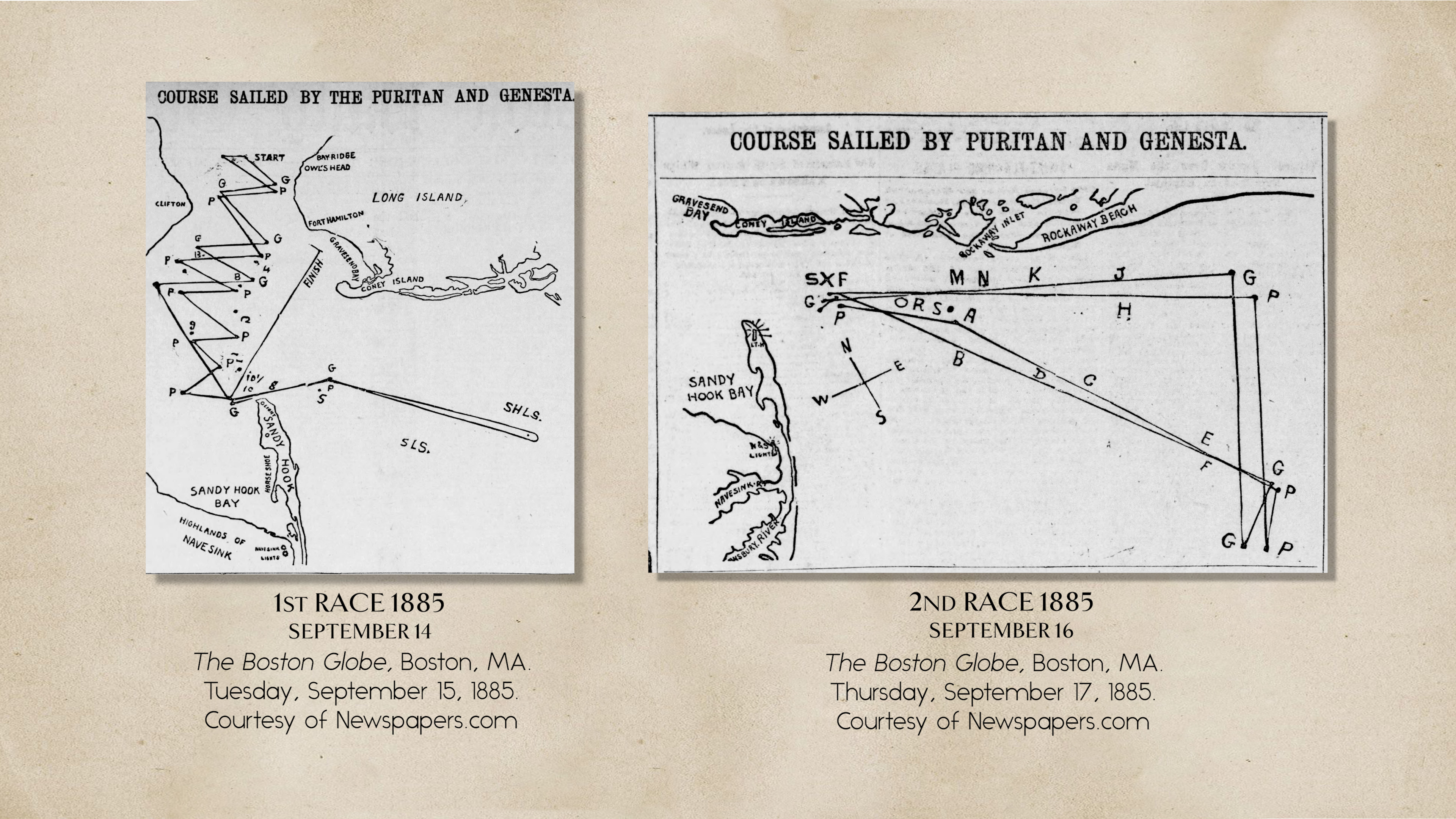Graphic of 2 Boston Globe Newspaper clippings from the 1885 competition for the America’s Cup. The Left shows the course that included the Sandy Hook lightship and the right shows the course for the second race that did not include it.