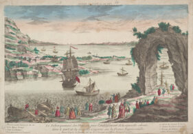 French colonization propaganda in the form of a vue d’optique titled “Vue de la Nouvelle Cayenne” shows a fantastical view of the arrival of European colonists in French Guiana.