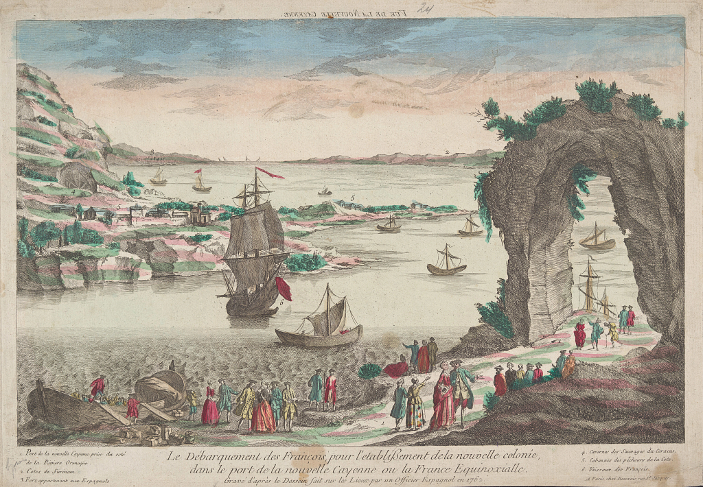 French colonization propaganda in the form of a vue d’optique titled “Vue de la Nouvelle Cayenne” shows a fantastical view of the arrival of European colonists in French Guiana.