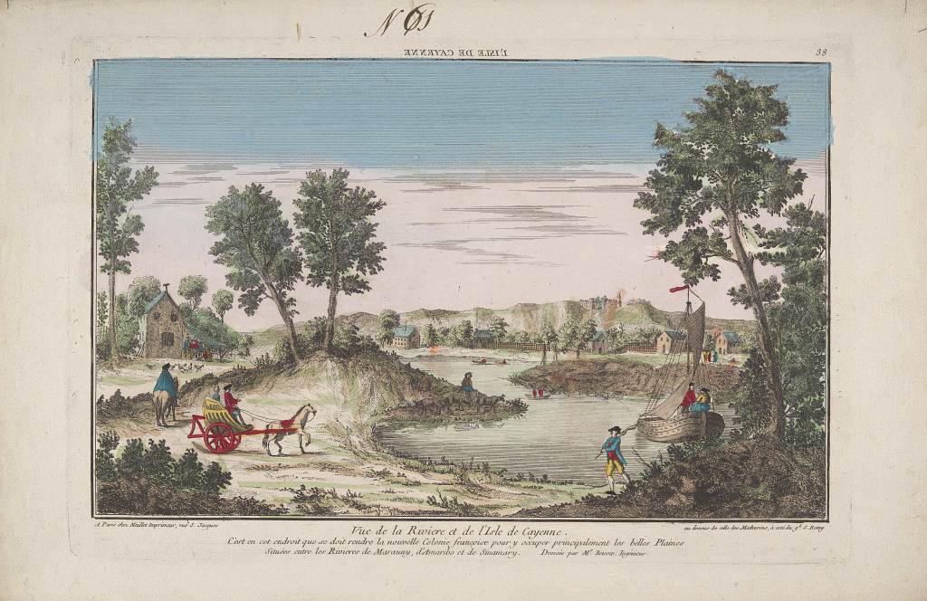 French colonization propaganda in the form of a vue d’optique titled “Vue de la Riviere et de l'Isle de Cayenne.”