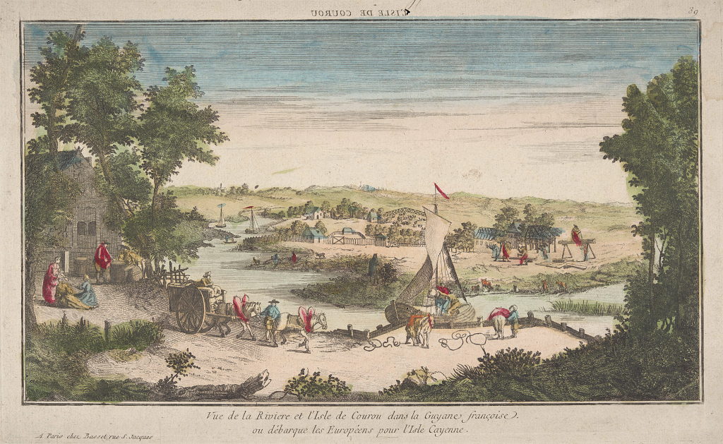 The image shows buildings, but in reality, most of the colonists were living in tents. Published by André Basset in Paris, ca. 1763.
