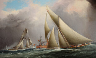 Mayflower leads Galatea around the Sandy Hook lightship.