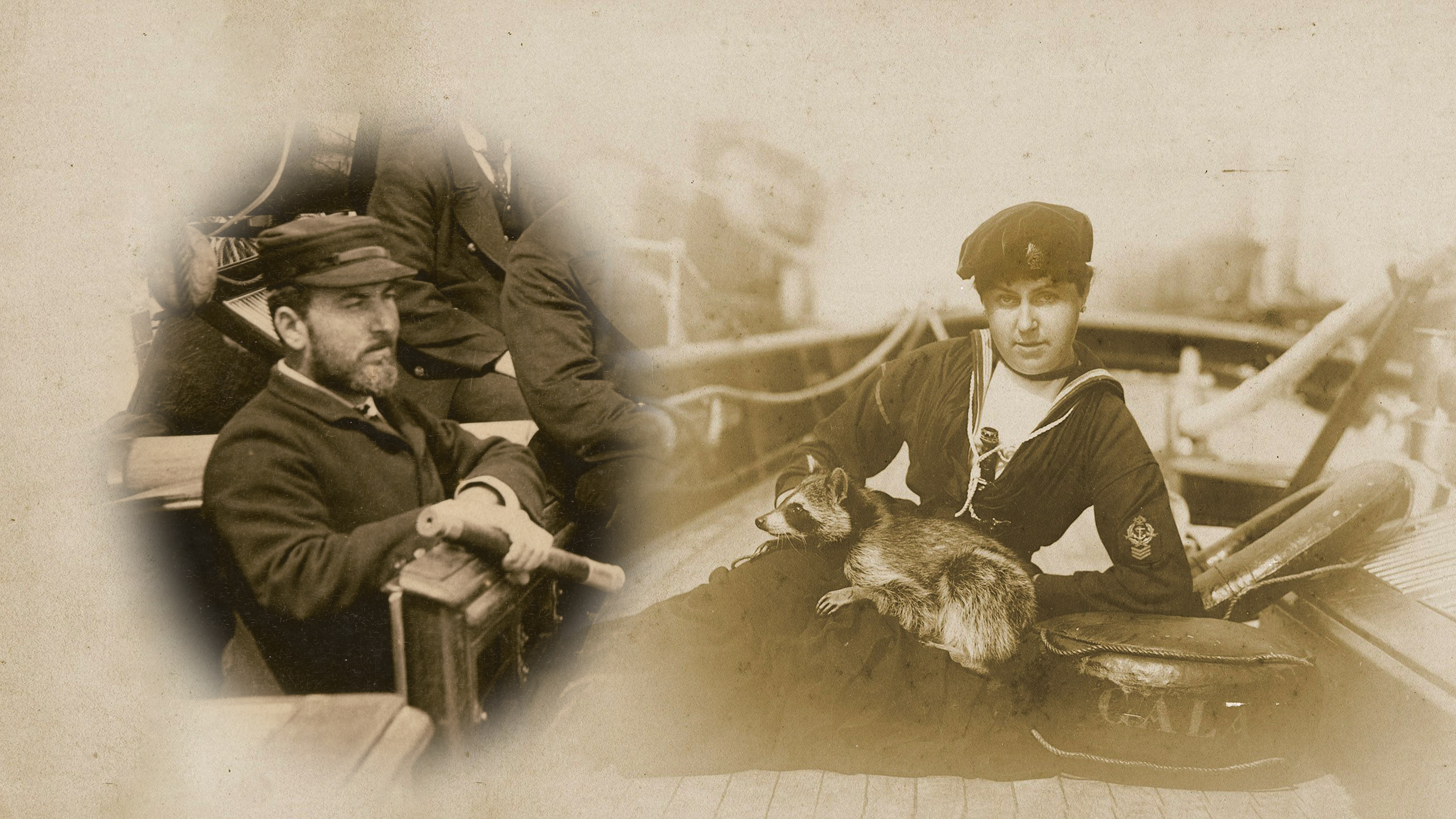 Composition image showing Lt. William Henn (L) and Susan Henn with her pet Raccoon (R).