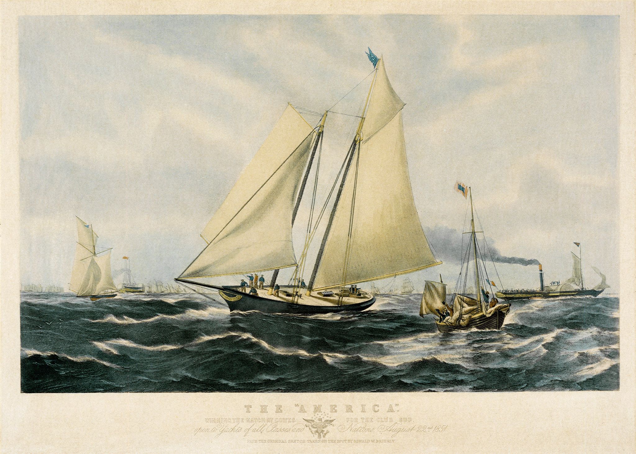 The America winning the match at Cowes for the Club Cup. Thomas Dutton, lith. after a sketch by Oswald Brierly.