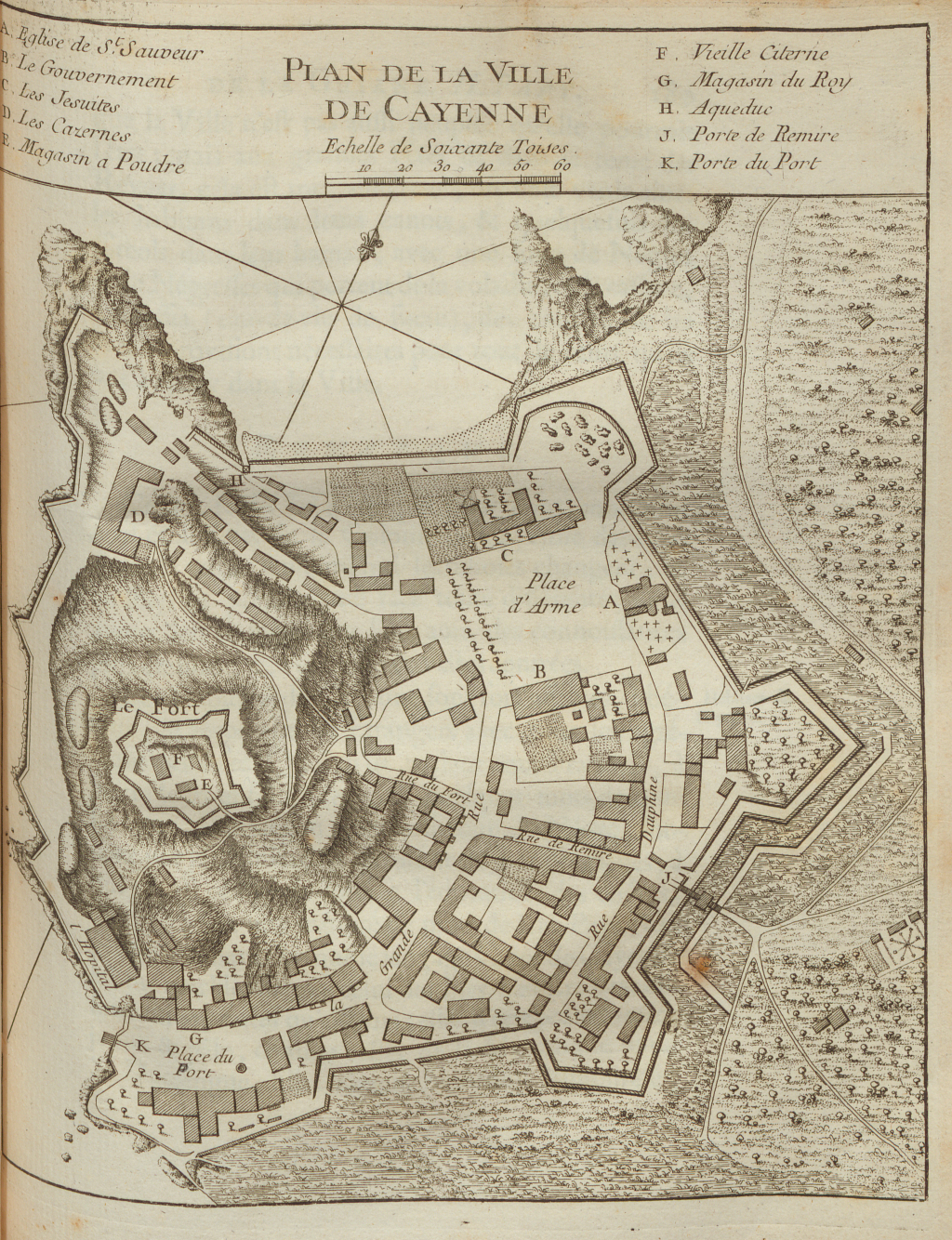 “Plan de la Ville de Cayenne,” from Description géographique de la Guyane by Jacques Nicolas Bellin, 1763. In 1760, Cayenne was a town of about 150 wooden dwellings and a fort.
