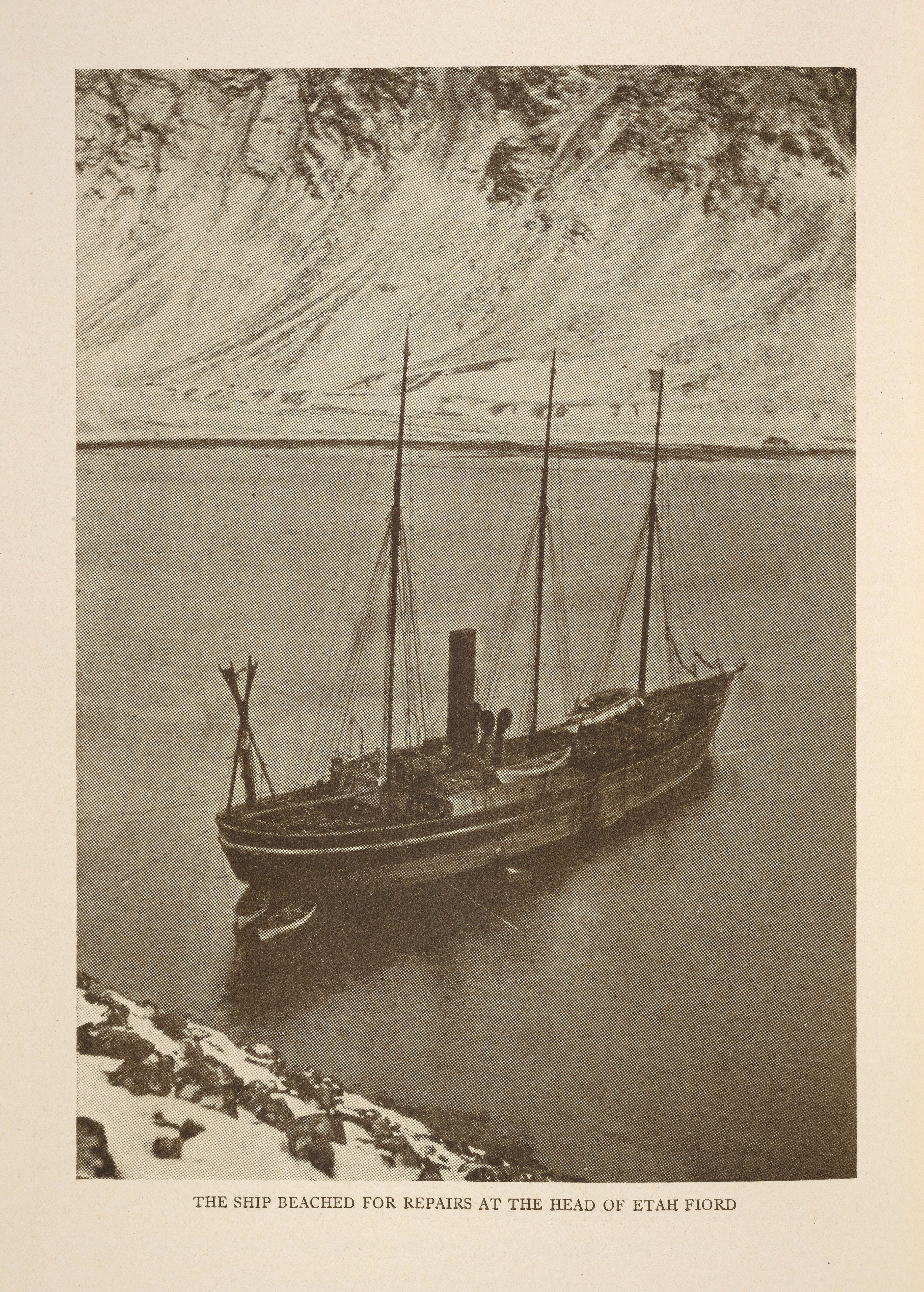 Roosevelt beached for repairs at the head of Etah Fiord.