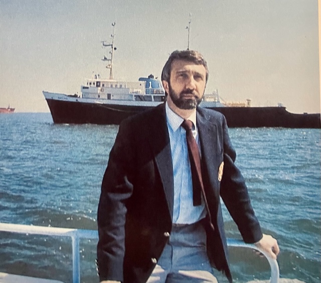 At the Cape Henry Pilot Station, aboard the Pilot Launch PILOT ONE. The station boat, Pilot Boat MARYLAND, is in the background, about 1980. The artist notes, “We had no shore station at the time, but lived aboard the pilot boat. It was a floating dormitory."