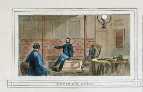 Hand-colored woodcut showing interior scenes aboard the USS Monitor.