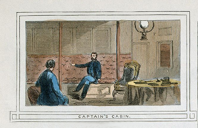 Hand-colored woodcut showing interior scenes aboard the USS Monitor.