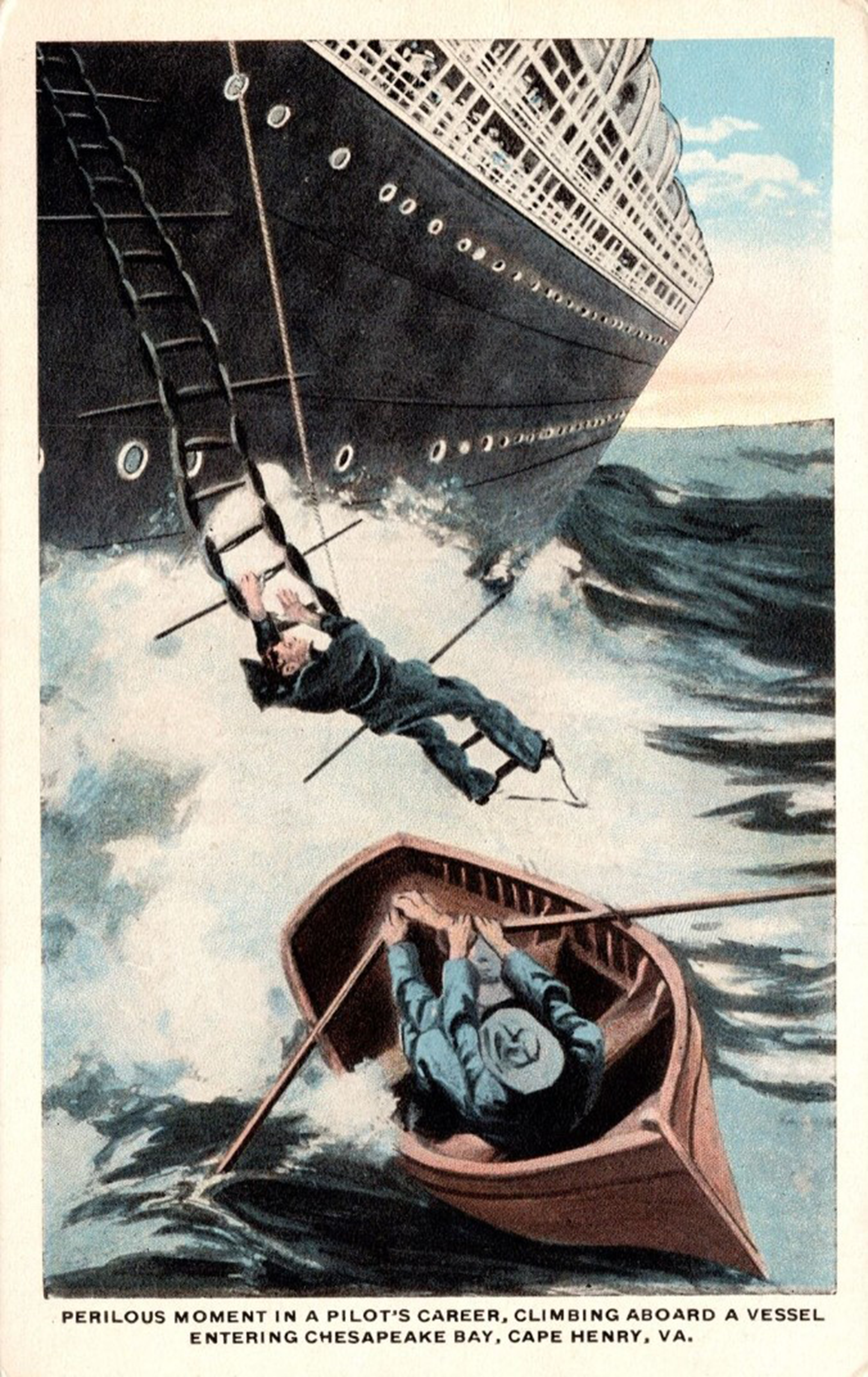 A perilous moment in a Pilot’s career, climbing aboard a vessel entering Chesapeake Bay, Cape Henry, Virginia. Luis Kaufman & Sons, publisher. Baltimore, MD.