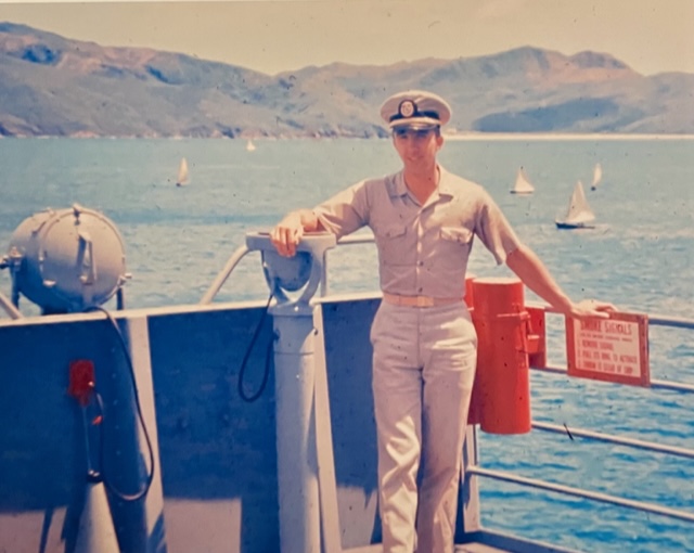 Brian Hope aboard the Military Sea Transportation Service troop transport U. S. N. S. General W. H. Gordon anchored at the South Vietnamese port of Qui Nhon in October of 1965. The artist notes, “ My first ship as a licensed officer. We discharged 4,500 soldiers here.”