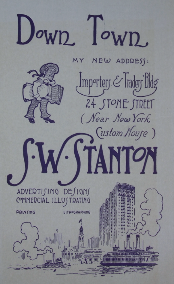 Advertisement postcard noting a new address for Samuel Ward Stanton’s Advertising and Illustrating business.