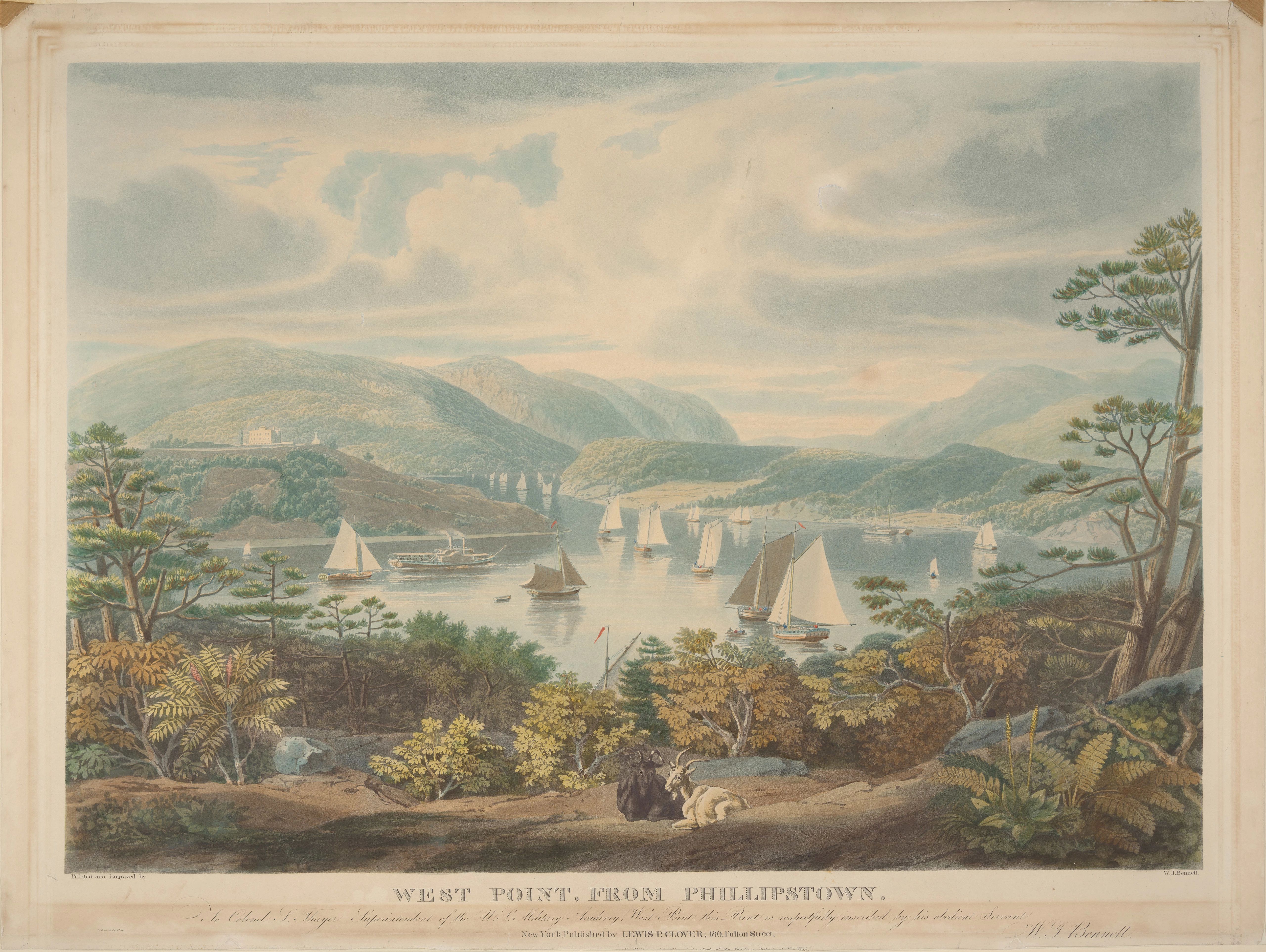 West Point from Phillipstown, Colored Aquatint.