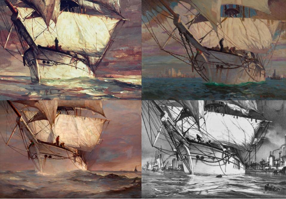 Comparison of Noble’s 4 depictions of “Guadalhorce Leaving Bayonne Forever.”