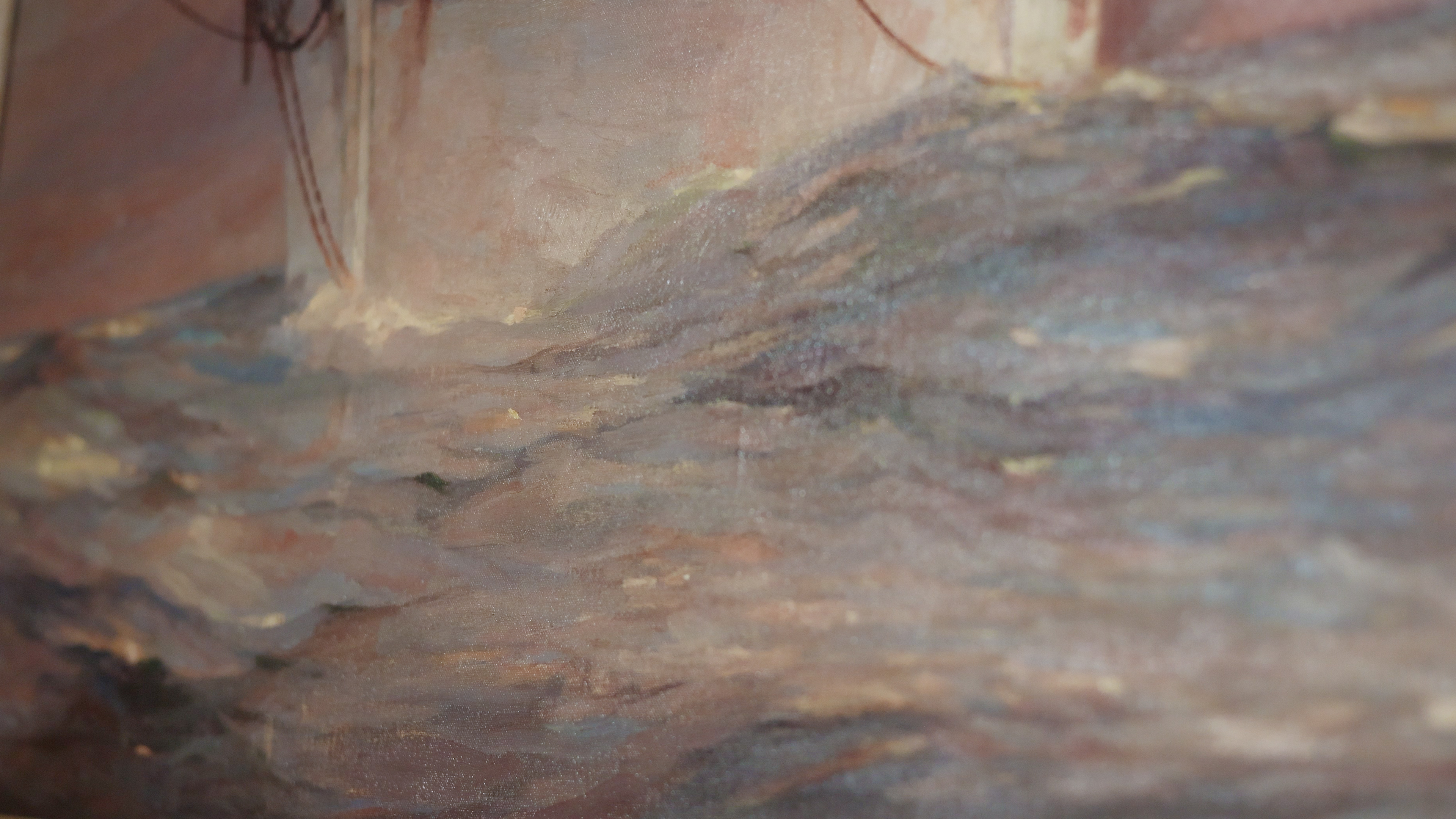 Detail of the water showing the dusty blues, pinks, and purples used in the artist’s palette.