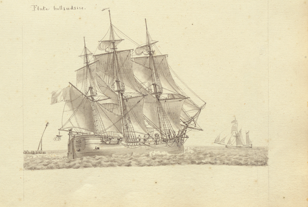 Flute hollandaise (Dutch Fluyt), pen and india wash drawing by Jean-Jérôme Baugean, 1800-1810.