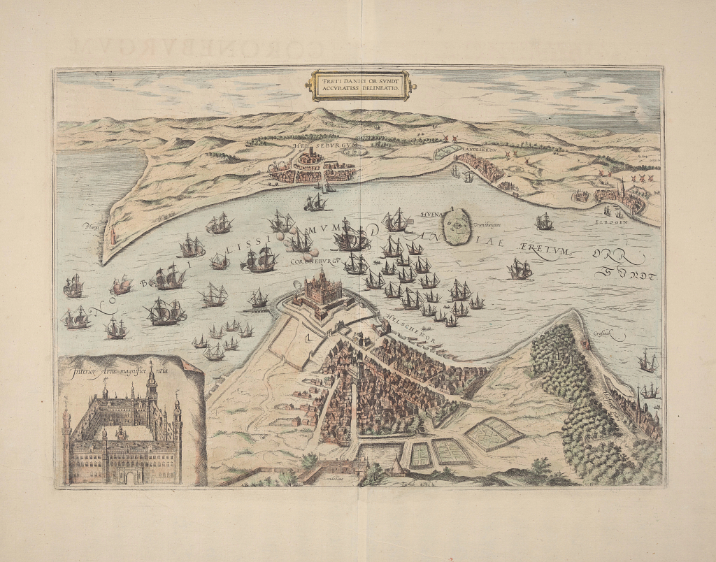 Birds-eye view of the Øresund (the sound that stretches between the Kattegat and the Baltic Sea) showing Helsingør and Kronborg Castle. Merchant ships passing through the Sound paid a toll to Denmark. Hand-colored engraving published by Johannes Janssonius in Amsterdam in 1657.