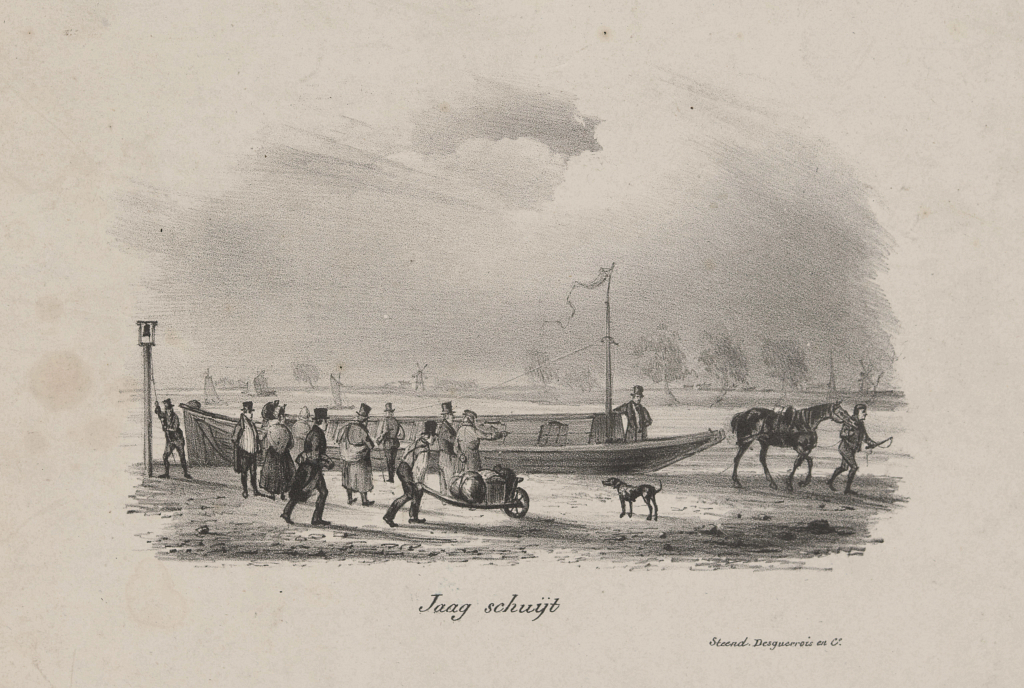 Lithograph of a jaagschuijt, or canal boat, similar to the trekschuit Sierd van Putten operated later in his life. Image by Johannes Cornelis van Pappelendam published in Amsterdam by Desguerrois and Company, ca 1840-1860.