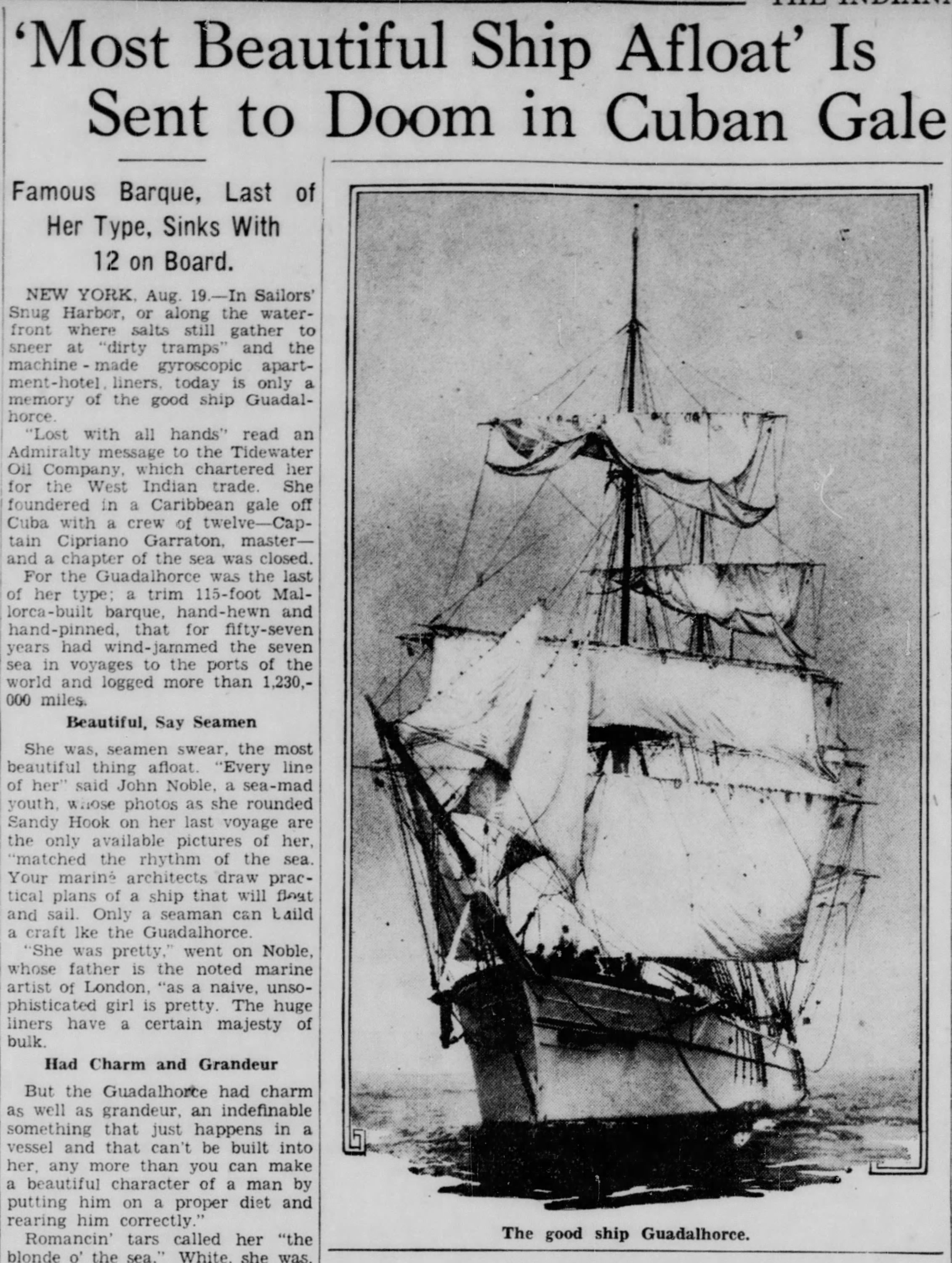 ‘Most Beautiful Ship Afloat’ is Sent to Doom in Cuban Gale, Guadalhorce, The Indianapolis Times, Indianapolis, Indiana, Saturday, August 19, 1933. Courtesy of Newspapers.com.