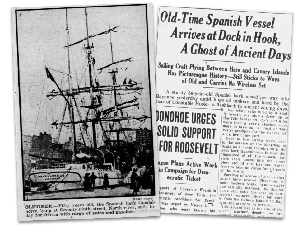 Two Newspaper Clippings on Guadalhorce: L) Oldtimer, Daily News, New York, New York. Friday, May 2, 1924. Courtesy of Newspapers.com. R) Old Time Spanish Vessel Arrives at Dock in Hook, The Bayonne Times, Bayonne, New Jersey. Thursday, July 7, 1932. Courtesy of Newspapers.com.