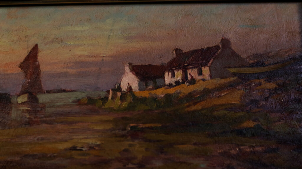 Painting of a boat and house near the sea